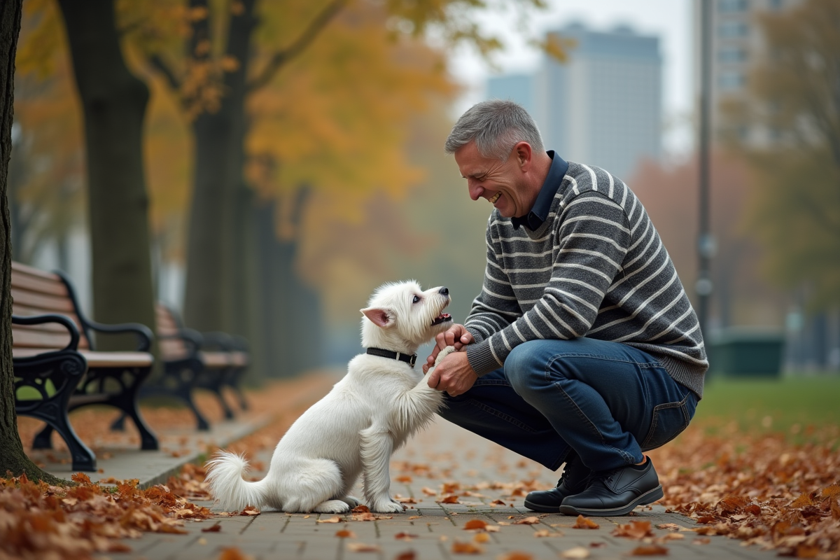 Homme d age moyen jouant avec un chien dans un parc urbain