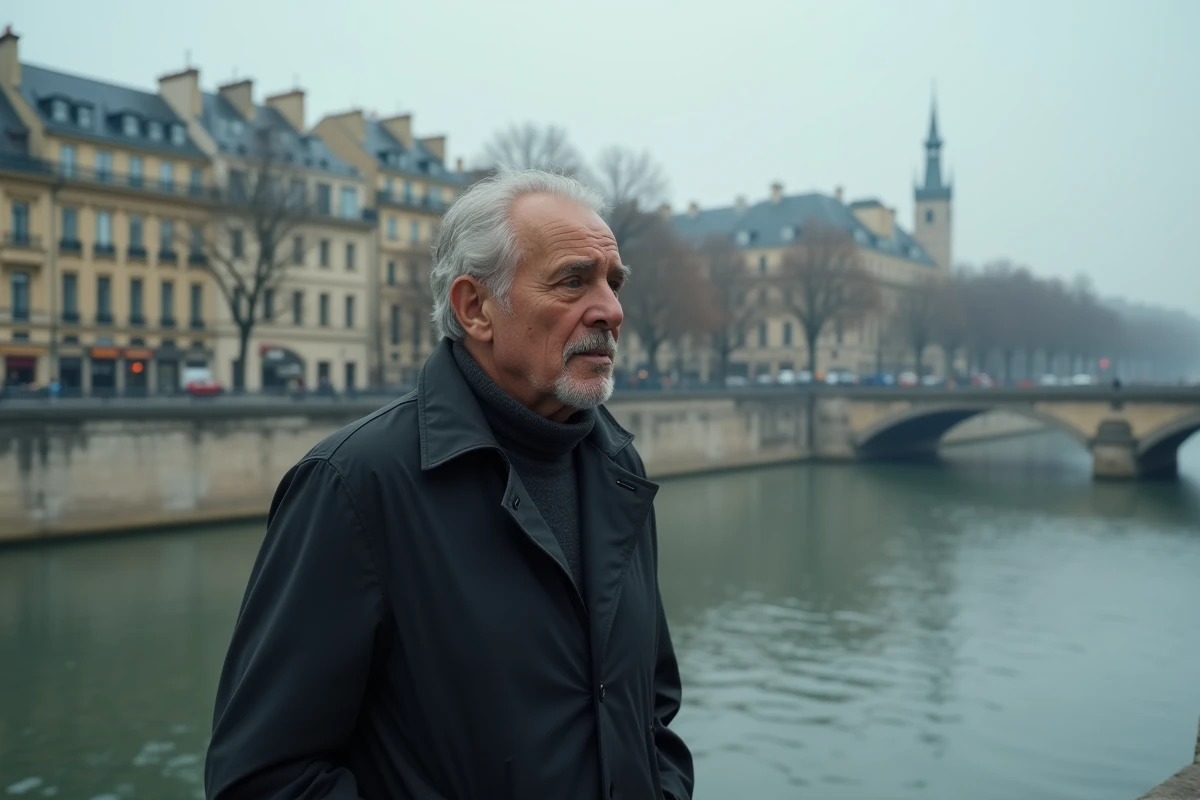 Homme politique aux cheveux argentés marchant seul au bord de la Seine à Paris, image évocatrice d'un parcours de vie personnel et sentimental