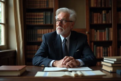 Portrait d'un homme politique français aux cheveux argentés assis dans un bureau classique, illustrant un parcours de vie personnel et amoureux