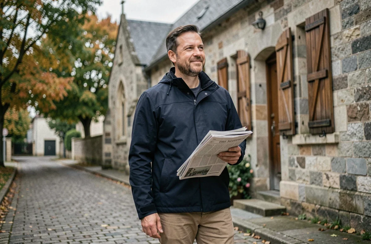 Homme discret devant une église de banlieue française, symbole de la vie privée préservée du mari d'une artiste célèbre