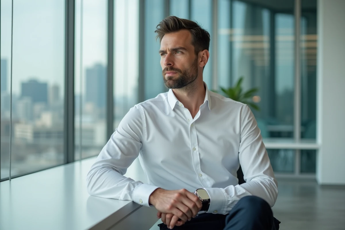 Homme professionnel et charismatique dans la trentaine assis dans un bureau moderne, évoquant la personnalité intrigante du mari de Noémie Wira