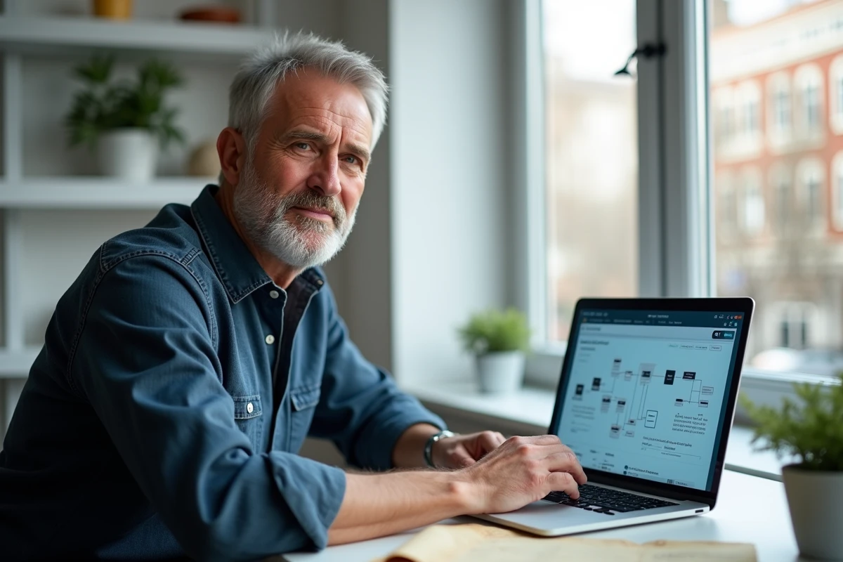Homme utilisant un site de généalogie en ligne pour rechercher ses ancêtres sur ordinateur