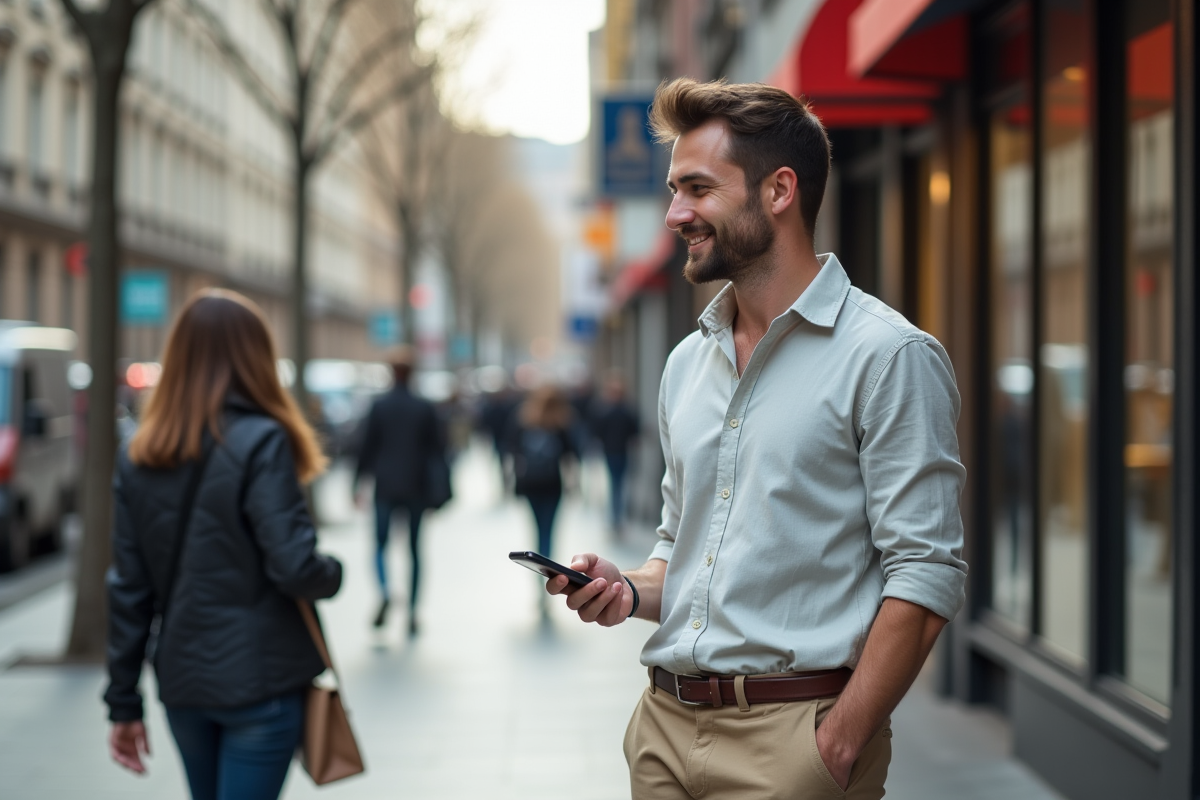 Jeune homme dans la ville regardant une femme avec tendresse