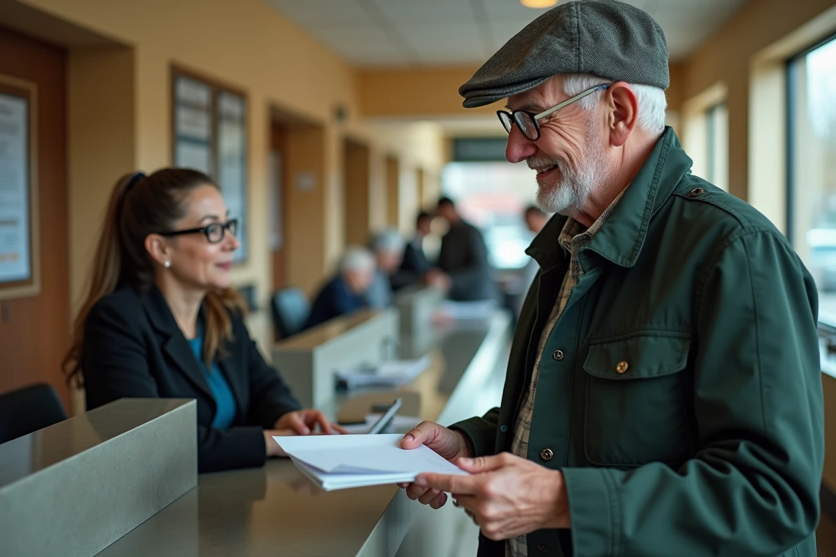 Homme âgé remettant un formulaire à un agent dans un bâtiment municipal