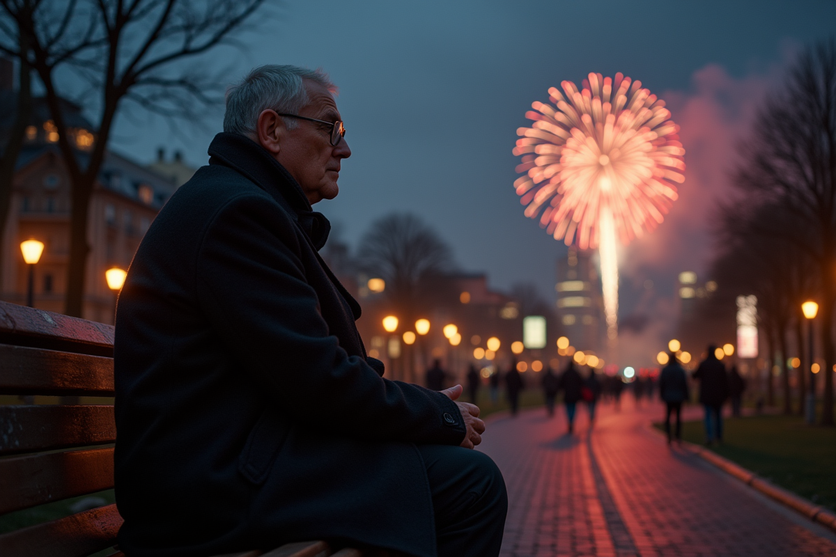 Homme seul sur un banc regardant le feu d