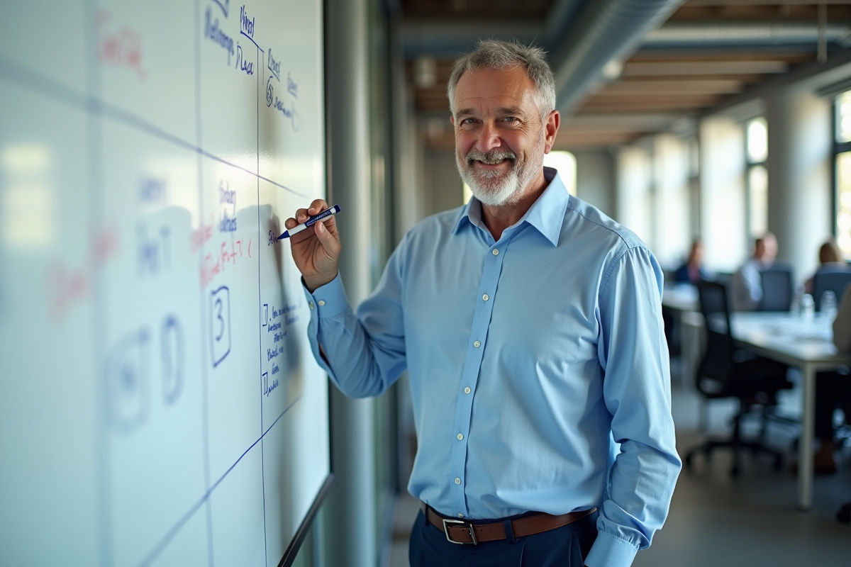 Homme en réunion marquant des tâches sur un tableau blanc