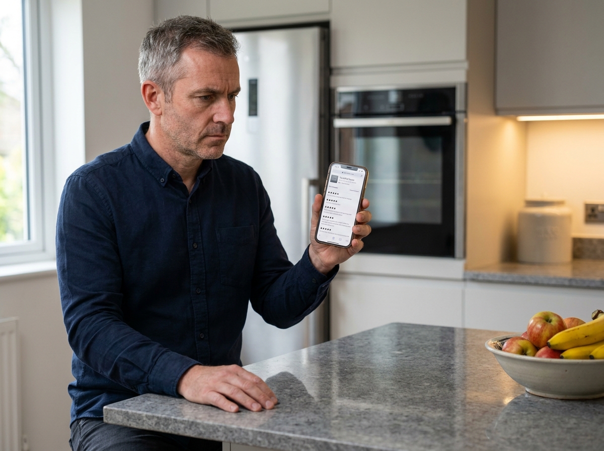 Homme lisant des avis clients sur un site sérieux de cadeaux personnalisés depuis son smartphone en cuisine