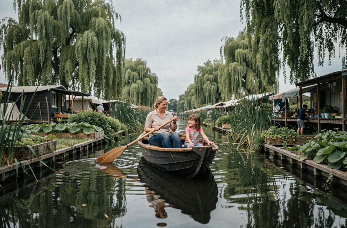 Mère et fille en barque dans les hortillonnages d'Amiens entourées de jardins flottants