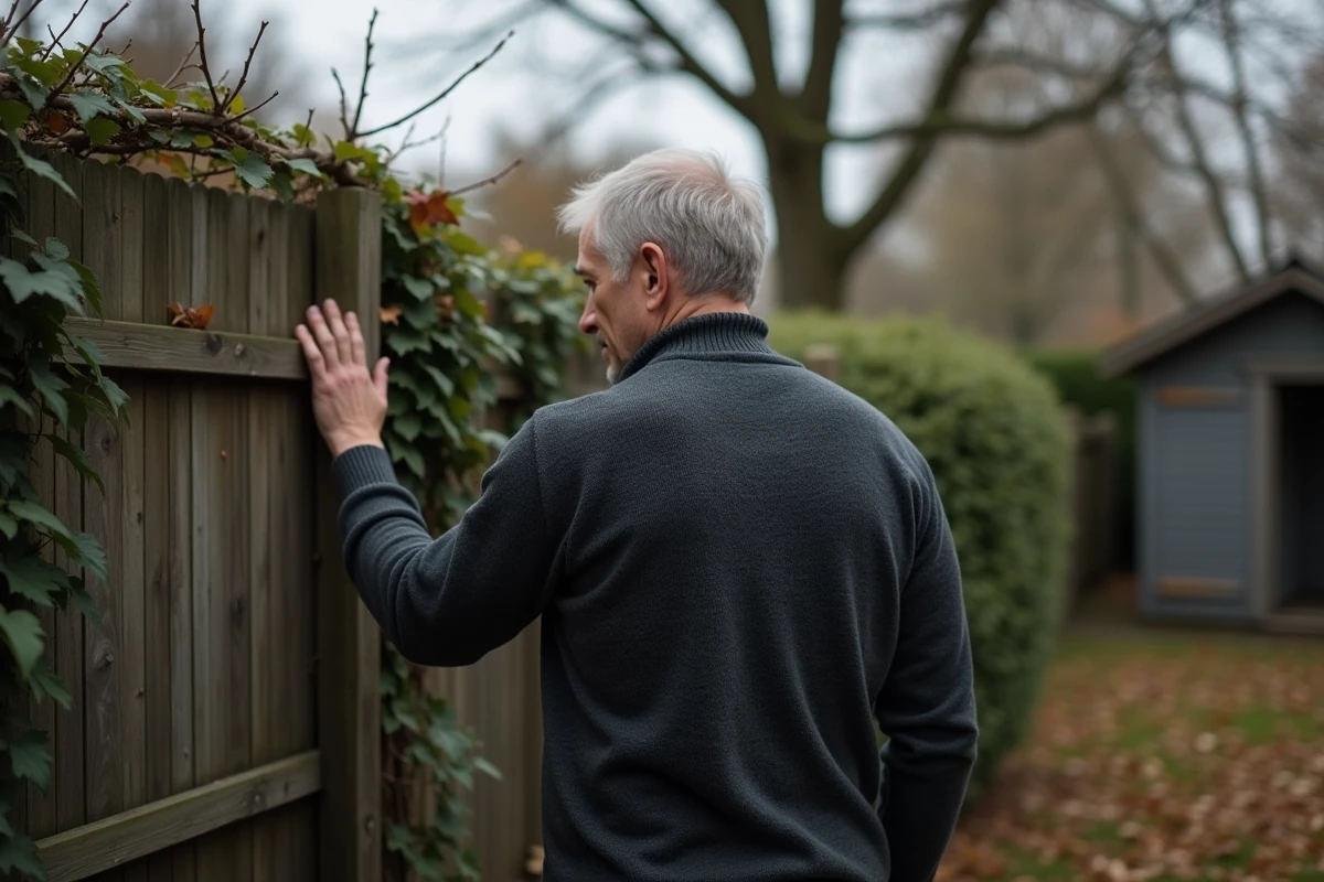 Vue de dos d'un homme en pull sombre dans un jardin en automne devant une clôture en bois recouverte de lierre, illustrant la notion d'intimité et de vie familiale préservée