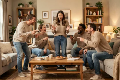 Groupe d'adultes jouant à un jeu de mime animé dans un salon chaleureux