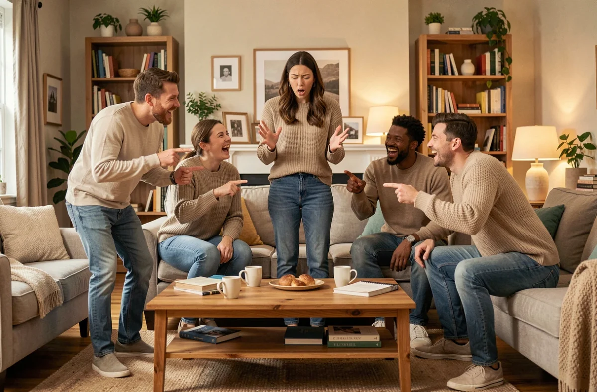 Groupe d'adultes jouant à un jeu de mime animé dans un salon chaleureux
