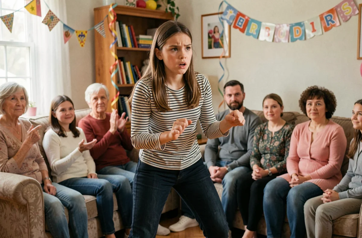 Adolescente interprétant un animal dans un jeu de mimes familial lors d'un anniversaire en intérieur