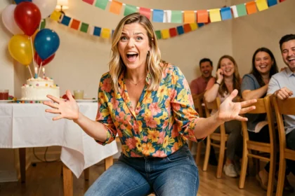 Femme mimant un personnage lors d'un jeu de mimes à un anniversaire festif en intérieur