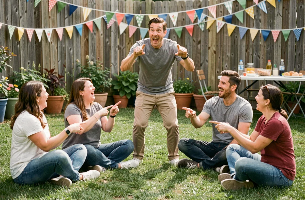 Groupe d'amis jouant aux mimes dans un jardin lors d'une fête d'anniversaire en plein air