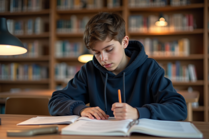 Adolescent lisant à la bibliothèque avec concentration
