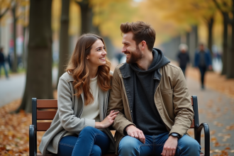 Jeune couple assis sur un banc en automne dans un parc