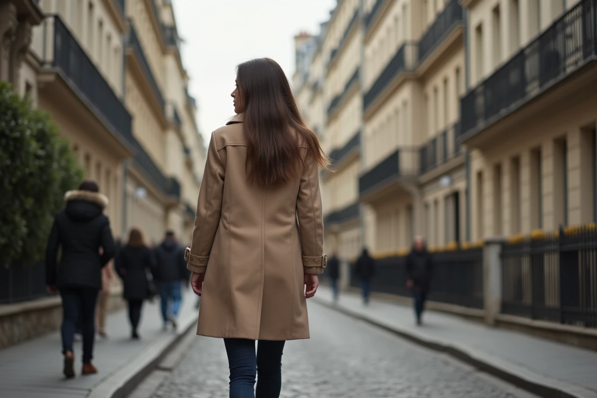 Jeune femme anonyme marchant dans un quartier résidentiel parisien avec des immeubles haussmanniens en arrière-plan, ambiance discrète et documentaire