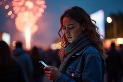 Jeune femme regardant son téléphone lors d'un feu d'artifice