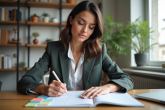 Jeune femme organisant un planner dans un appartement moderne