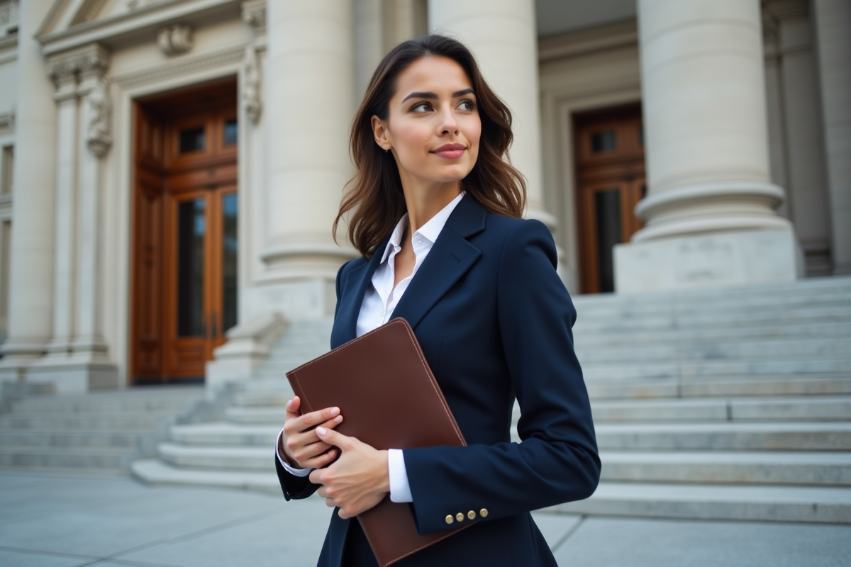 Jeune femme confiante en costume moderne devant un bâtiment officiel