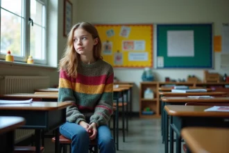 Jeune fille assise seule dans une classe française