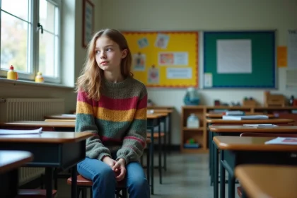 Jeune fille assise seule dans une classe française