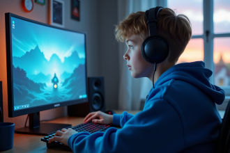 Jeune garçon de 15 ans en hoodie bleu et casque gaming