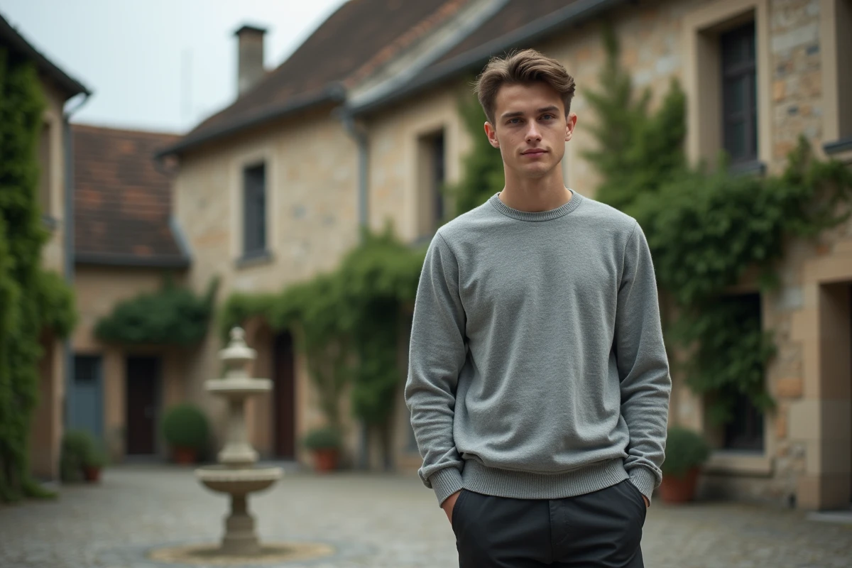 Jeune homme debout devant une église en pierre d'un village français, évoquant ses racines régionales et son héritage familial