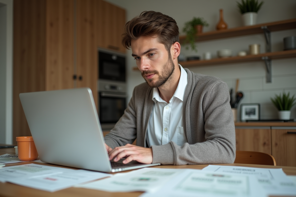 Jeune homme travaillant sur un ordinateur à la maison