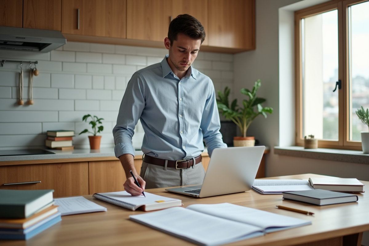 Jeune homme étudiant dans la cuisine avec son ordinateur