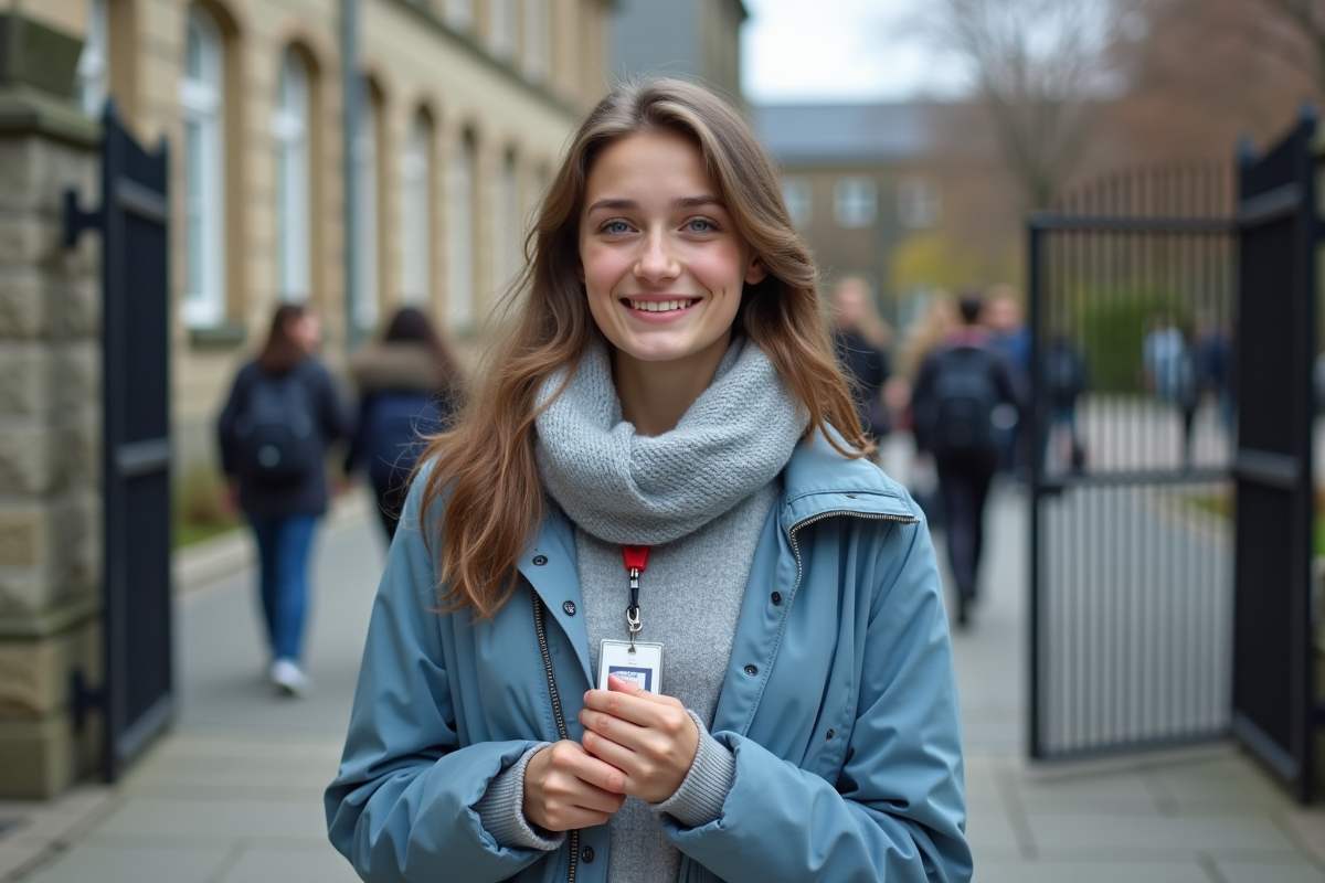 Jeune femme souriante devant l école en extérieur