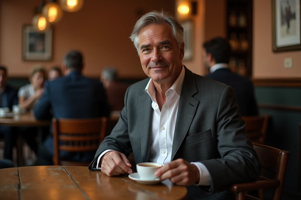 Homme distingué assis dans une brasserie parisienne, portrait intimiste évoquant la personnalité discrète du mari de Maryse Burgot