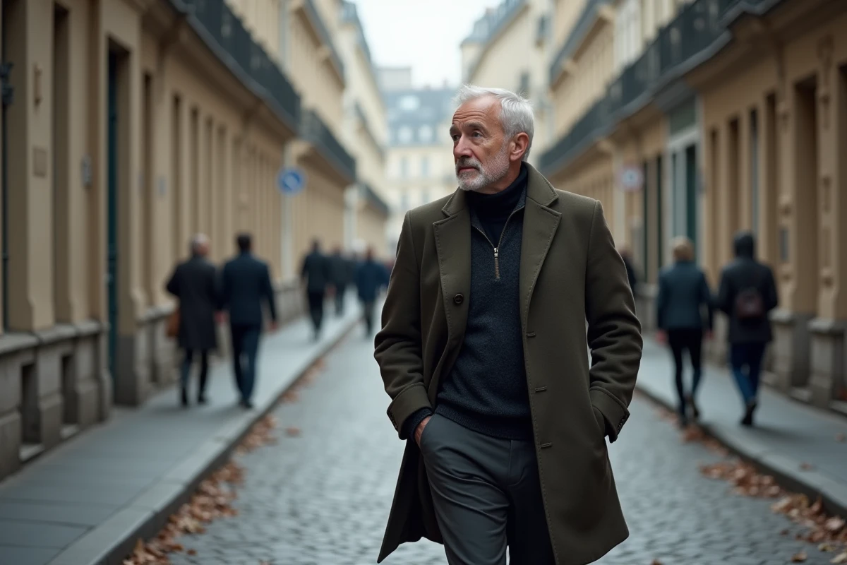 Homme élégant marchant dans une rue pavée parisienne en automne, portrait candide illustrant la discrétion du mari de la journaliste Maryse Burgot