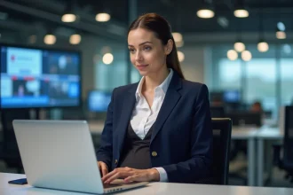 Journaliste enceinte au bureau avec ordinateur et ambiance professionnelle