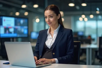 Journaliste enceinte au bureau avec ordinateur et ambiance professionnelle
