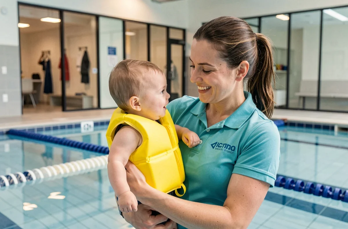Instructrice tenant un bébé en gilet de natation lors d'un cours de bébé nageur au Klube à Ahuy