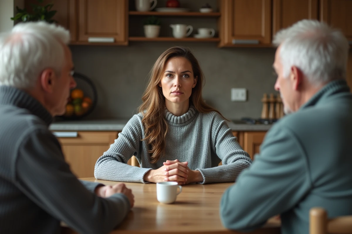 Femme adulte posant ses limites face à ses parents âgés autour d'une table familiale dans une ambiance tendue mais calme