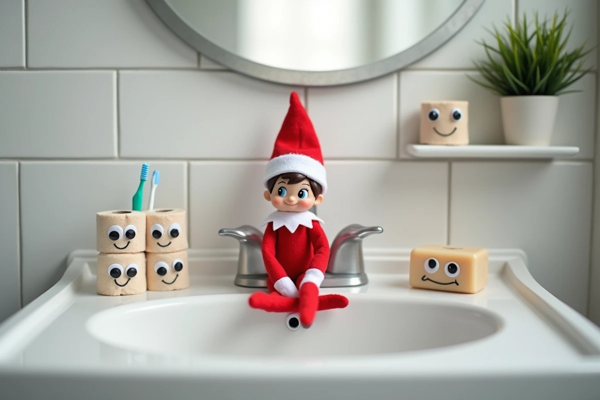 Lutin espiègle installé dans la salle de bain avec des farces rapides autour de lui pour amuser les enfants le matin