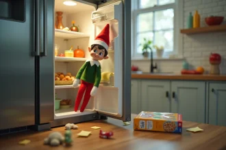 Lutin de Noël farceur planqué dans le réfrigérateur avec des petites farces autour de lui dans une cuisine familiale