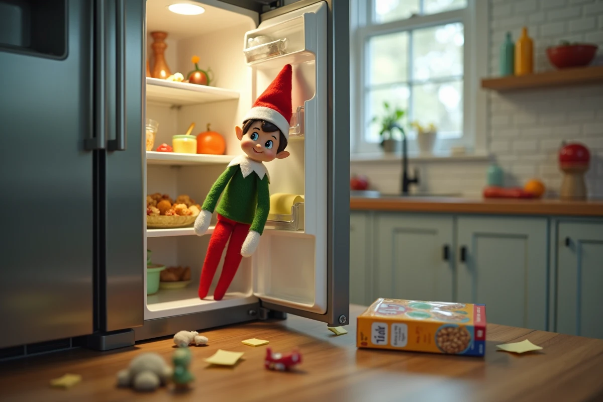 Lutin de Noël farceur planqué dans le réfrigérateur avec des petites farces autour de lui dans une cuisine familiale