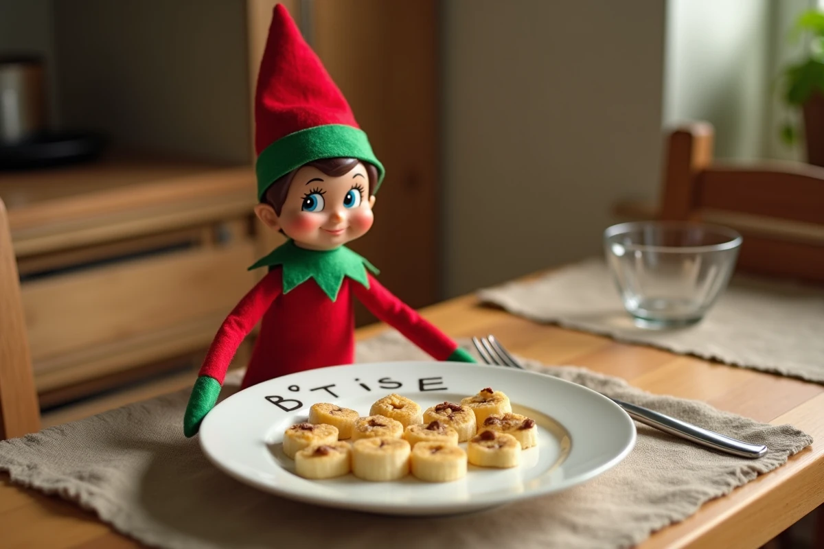 Lutin de Noël farceur à table avec des fruits dessinés et des céréales arrangées en message amusant pour les enfants