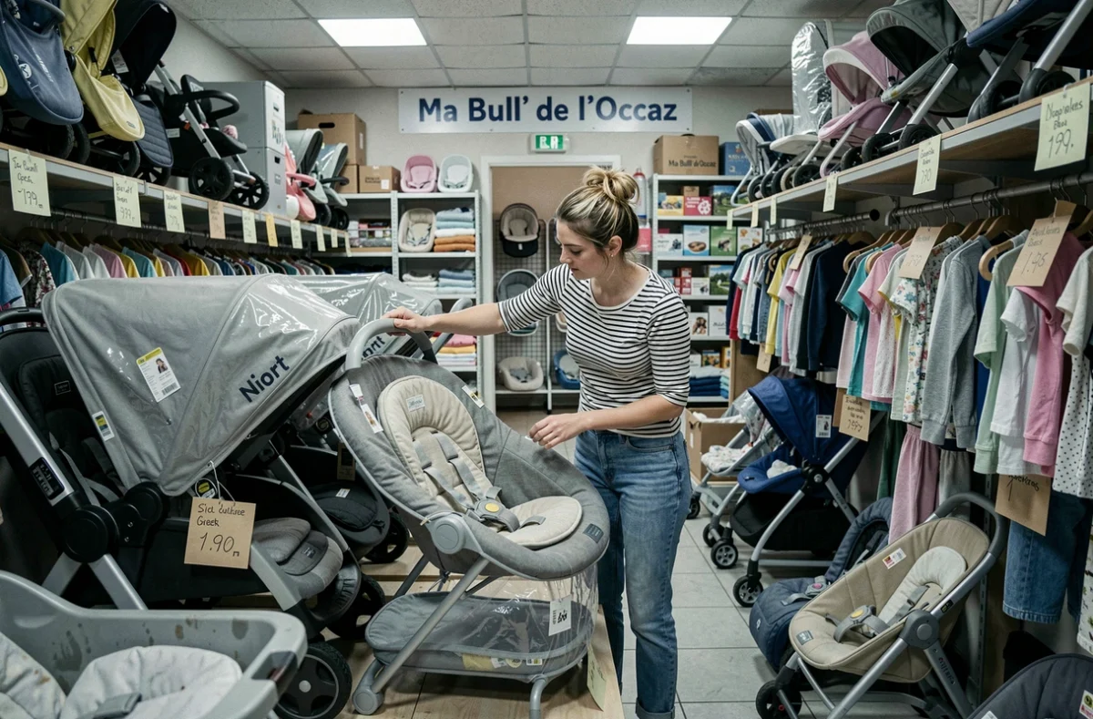 Mère inspectant du matériel bébé de seconde main dans la boutique Ma Bull' de l'Occaz à Niort