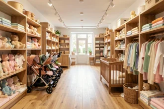 Intérieur d'un magasin de puériculture en Nouvelle-Aquitaine avec poussettes, vêtements bébé et mobilier de nurserie
