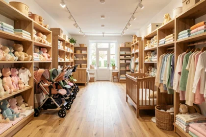 Intérieur d'un magasin de puériculture en Nouvelle-Aquitaine avec poussettes, vêtements bébé et mobilier de nurserie