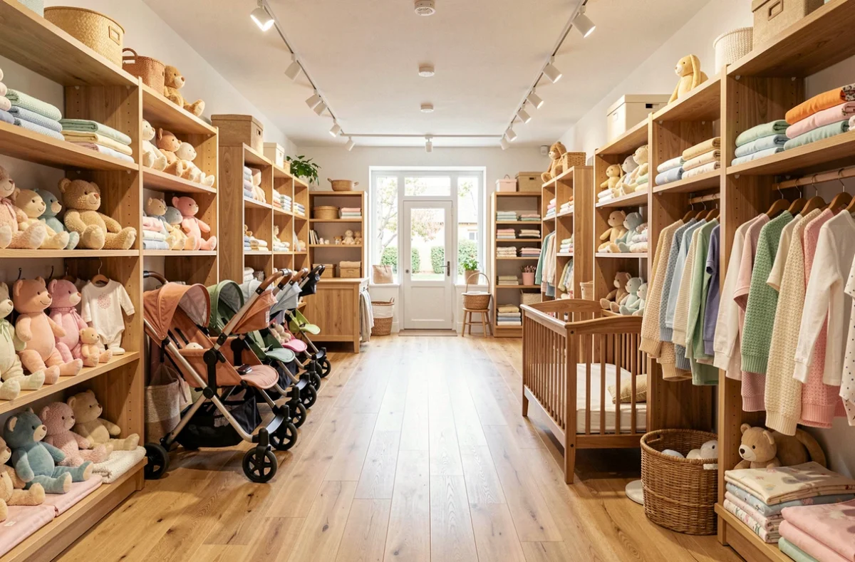 Intérieur d'un magasin de puériculture en Nouvelle-Aquitaine avec poussettes, vêtements bébé et mobilier de nurserie