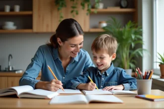 Femme aidant son enfant à faire ses devoirs à la maison