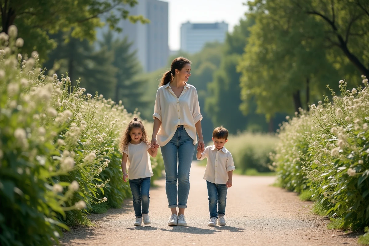 Maman et enfants se promenant dans un parc urbain
