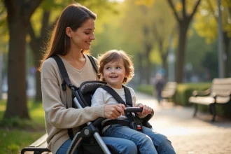 Jeune maman avec enfant dans un parc en ville