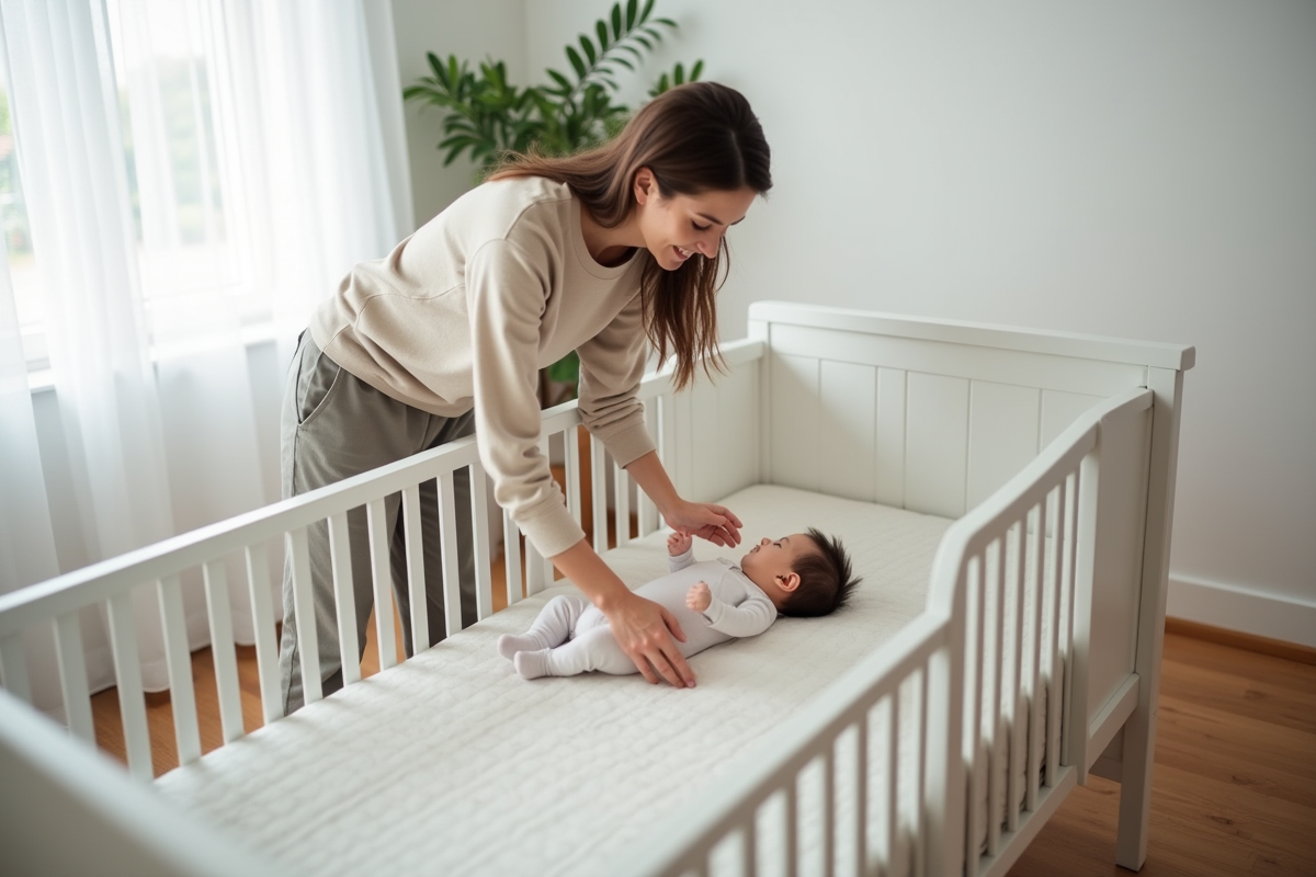 Maman arrangeant un lit bébé dans une chambre calme