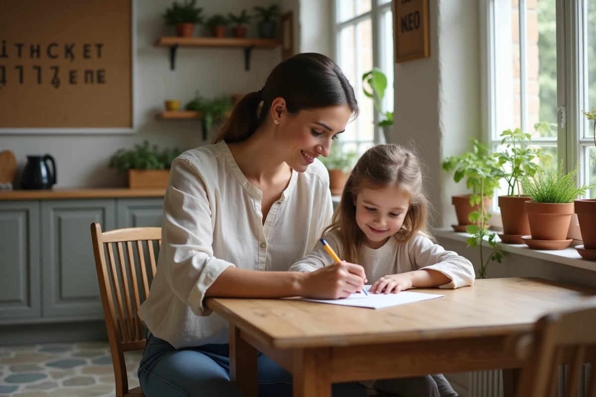 Maman aide sa fille à écrire dans la cuisine chaleureuse